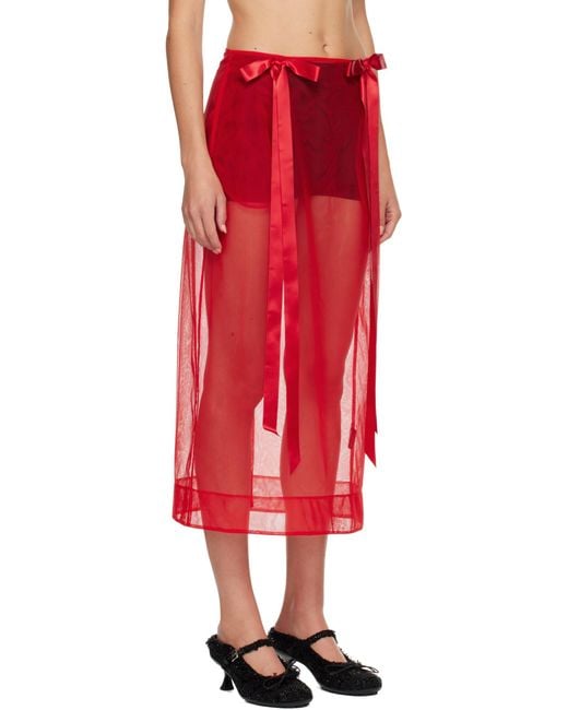 Simone Rocha Red Sheer Bow Ribbon Pencil Midi Skirt