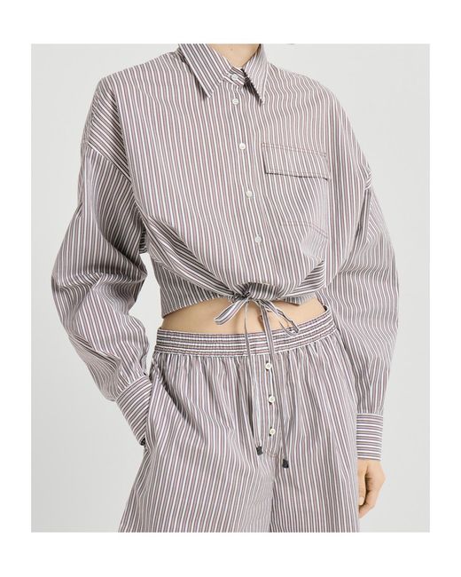 Brunello Cucinelli Gray Striped Monili-Detail Poplin Shirt