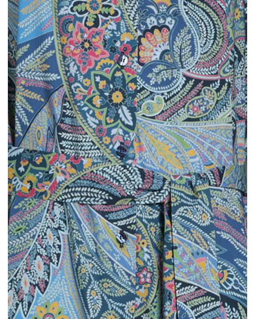 Etro Blue Paisley Print Belted Shirt Dress