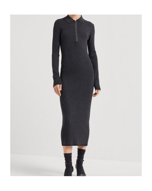 Brunello Cucinelli Black Monili-Trim Long-Sleeved Midi Dress