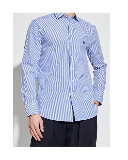 Etro Blue Pegaso Embroidered Pinstriped Long-Sleeved Shirt for men