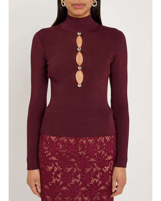 Self-Portrait Red Keyhole Ribbed Stretch-Knit Top