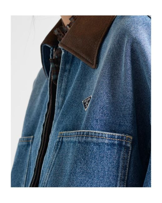 Prada Blue Leather-Collar Cropped Denim Jacket