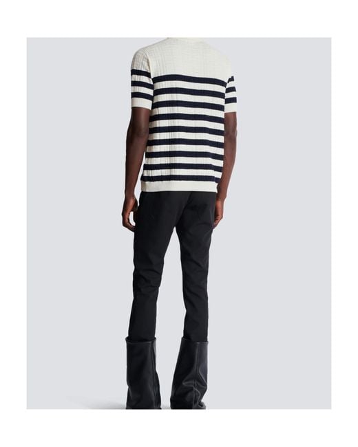 Balmain Blue Striped Knit Polo Shirt With Monogram for men