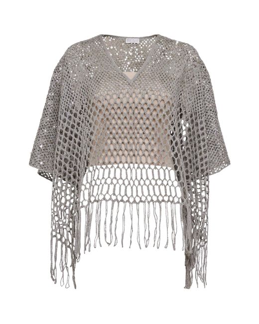 Brunello Cucinelli Gray Monili-Chain Open-Knit Top