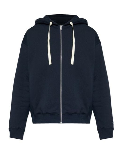Jil Sander Blue Logo Embroidered Zip-Up Drawstring Hoodie for men