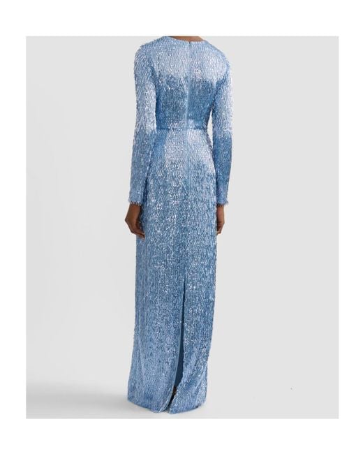 Erdem Blue Sequin Long-Sleeve Maxi Gown