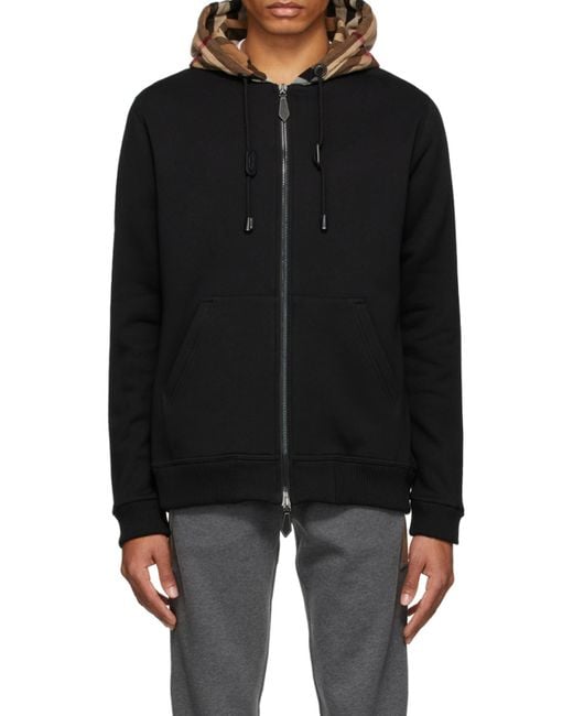 Burberry Black Check Hood Cotton Blend Zip Hoodie for men