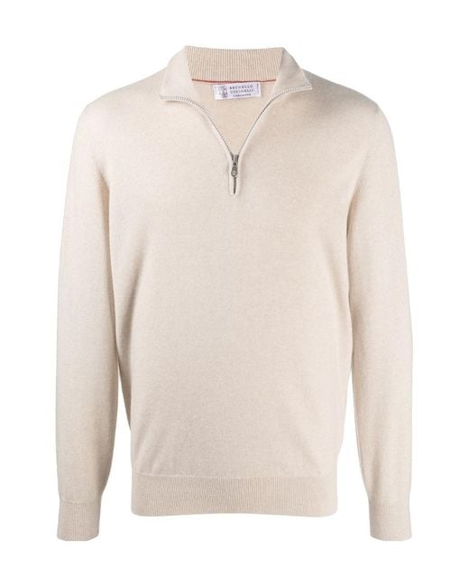 Brunello Cucinelli White Funnel-Neck Knitted Polo Shirt for men