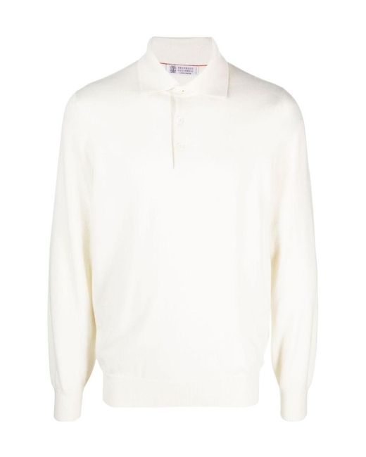 Brunello Cucinelli White Long-Sleeved Knitted Polo Shirt for men