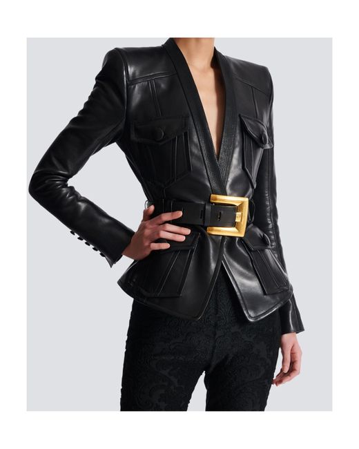 Balmain Black Belted 4 Pokets Fitted Lambskin Jacket