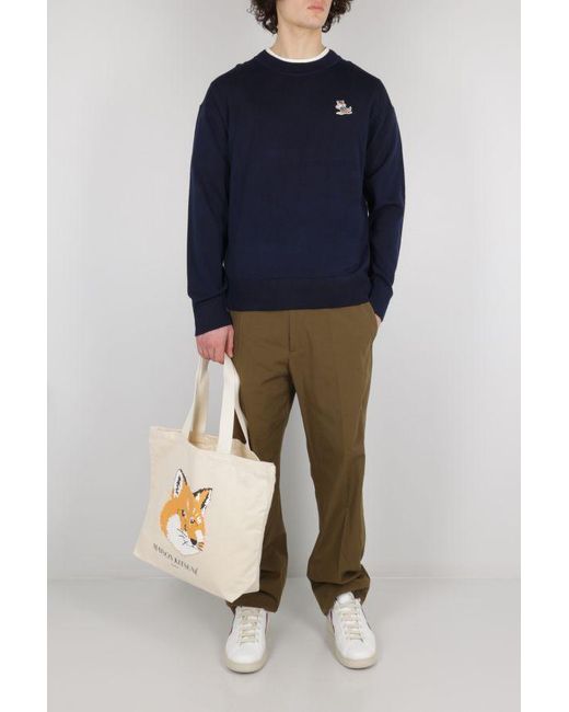 Maison Kitsuné Blue Embroidered Fox-Patch Longlsleeved Sweater for men