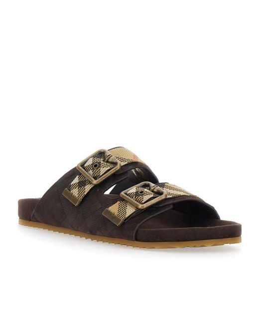 Burberry Brown Double Buckle Checked Sandals