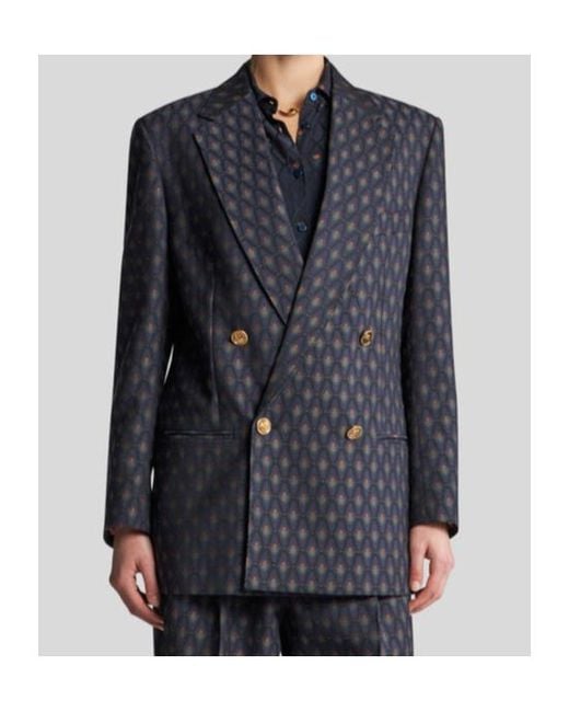 Etro Blue Patterned Jacquard Straight Hem Jacket