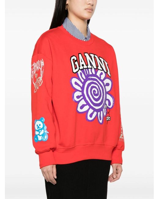 Ganni Red Floral Printed Crewneck Sweatshirt