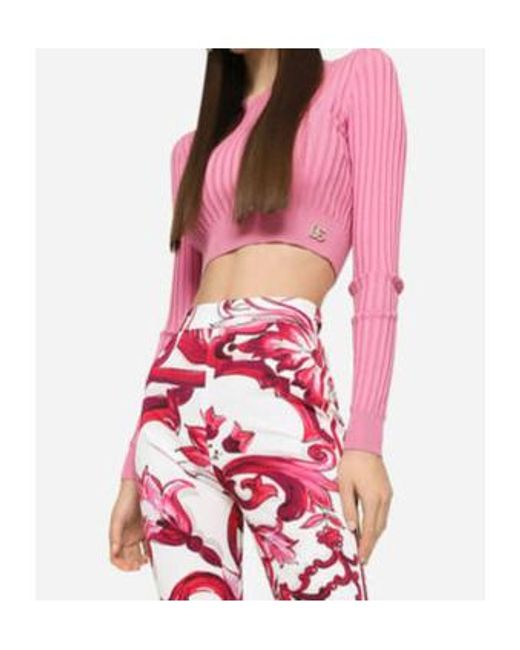 Dolce & Gabbana Pink Logo Plaque Cropped Ribbed Sweater