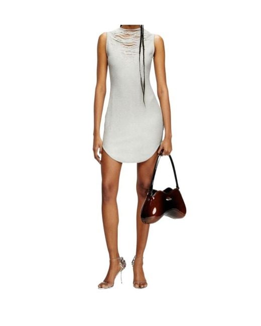 DIESEL White D-Yasmi Distressed Fringed Neckline Mini Dress