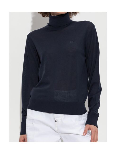 DSquared² Blue Logo Embroidered Turtleneck Knit Jumper