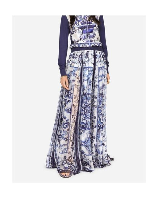 Dolce & Gabbana Blue Long Majolica-Printed Chiffon Skirt
