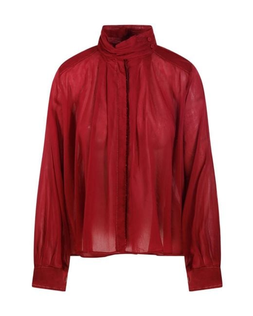 Forte_forte Red Pleated High Neck Blouse