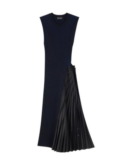 Emporio Armani Blue Long Viscose Dress With Pleated Side Insert And Drawstring