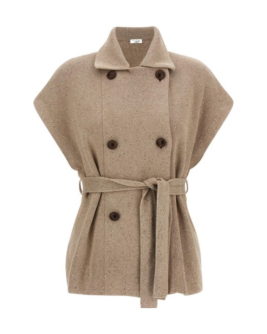 Brunello Cucinelli Natural Sequin-Application Double-Breasted Coat
