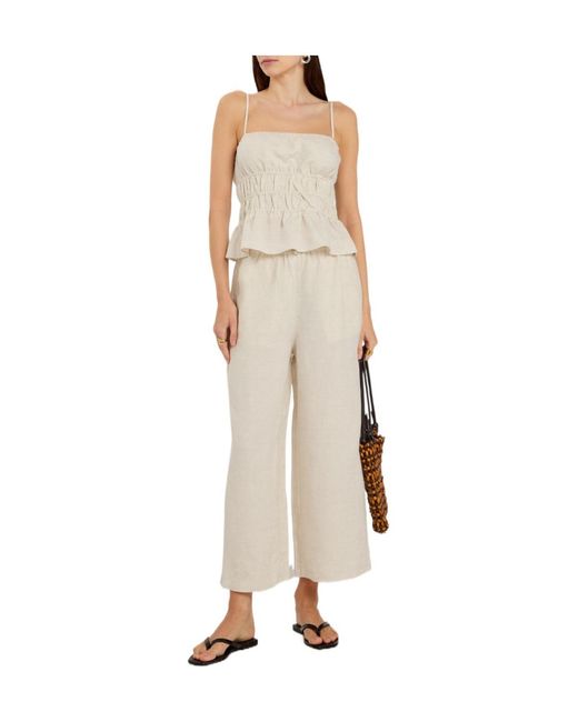 Staud White Smocked Linen Tank Top