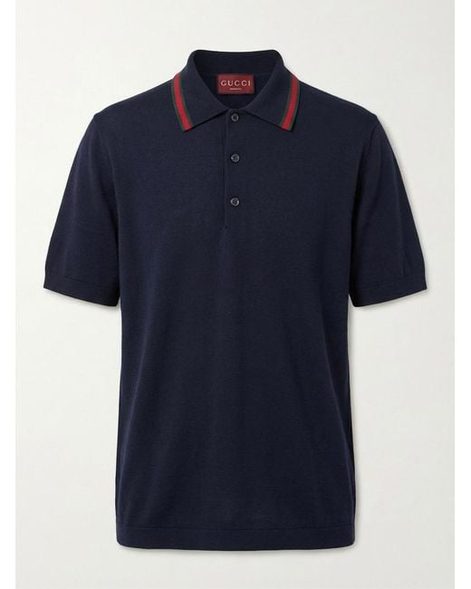 Gucci Blue Wool Knit Polo Shirt With Web Detail for men