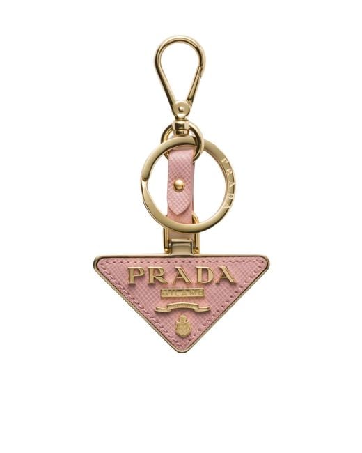 Prada White Saffiano Leather And Metal Keychain