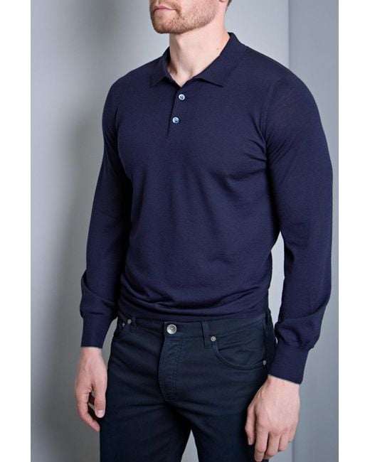 Brunello Cucinelli Blue Long-Sleeved Knitted Polo Shirt for men