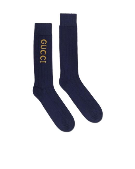 Gucci Blue Intarsia-Knit Logo Socks for men