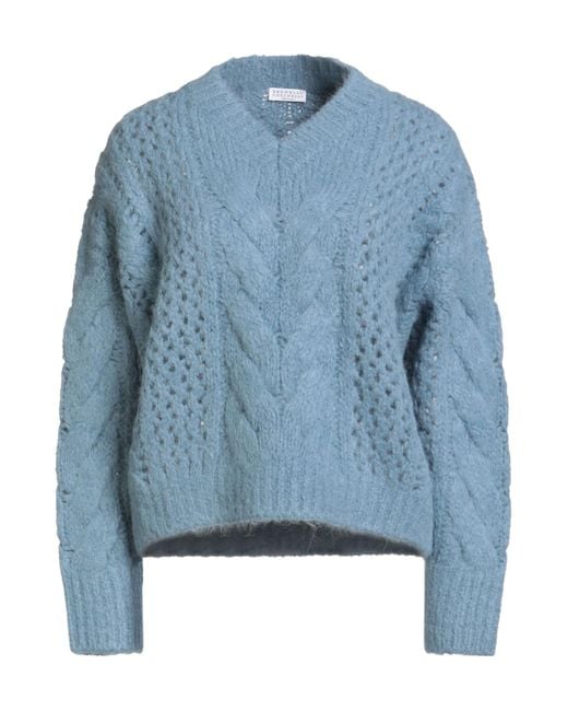 Brunello Cucinelli Blue Medium-Thickness V-Neck Solid-Color Long-Sleeved Knitted Sweater