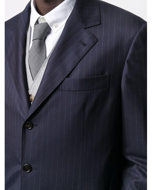 Brunello Cucinelli Blue Single-Breasted Pinstriped Blazer for men