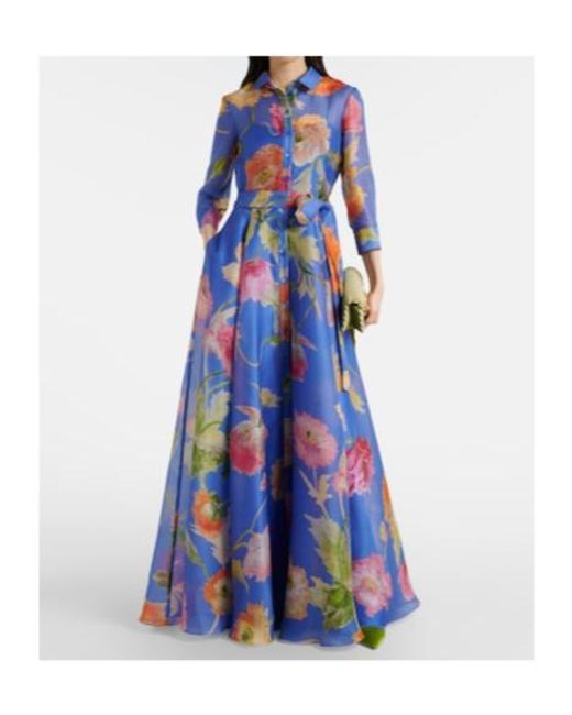 Carolina Herrera Blue Floral Silk Organza Gown