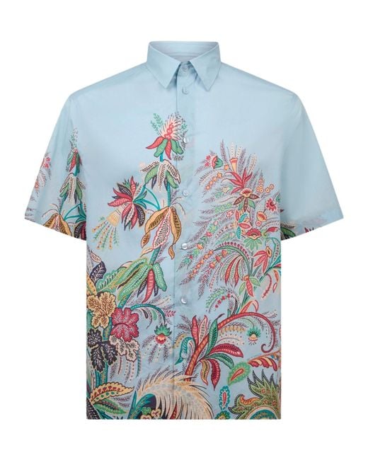 Etro Blue Cotton Shirt With Placed Floral Print for men
