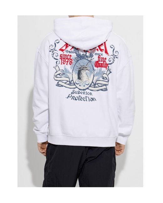 DIESEL White Cotton Hoodie With Flocked Graphics for men