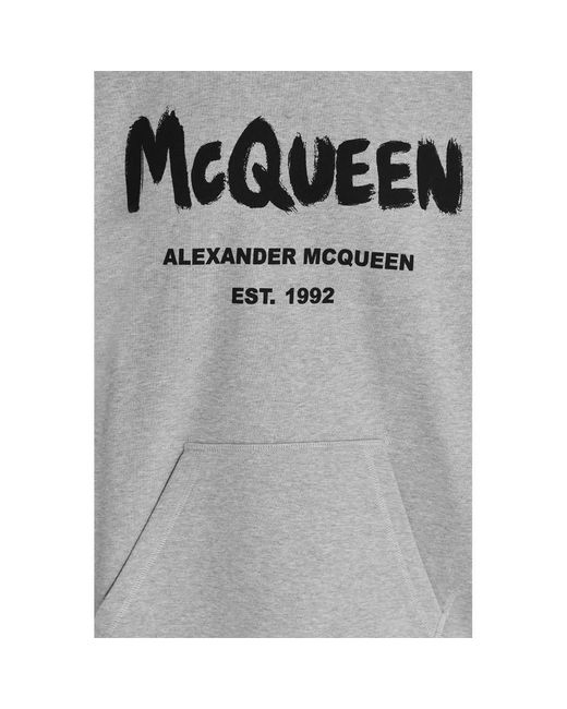 McQueen Gray Logo Print Drawstring Hoodie for men
