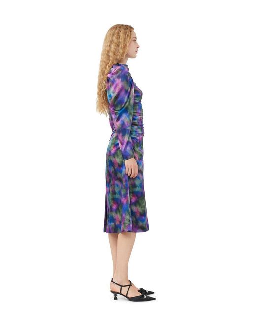 Ganni Purple Silk Satin O-Neck Midi Dress