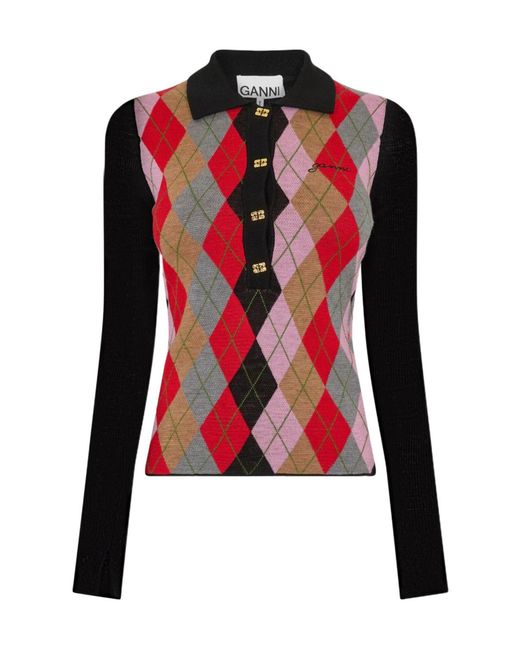 Ganni Red Plaid Long-Sleeved Top