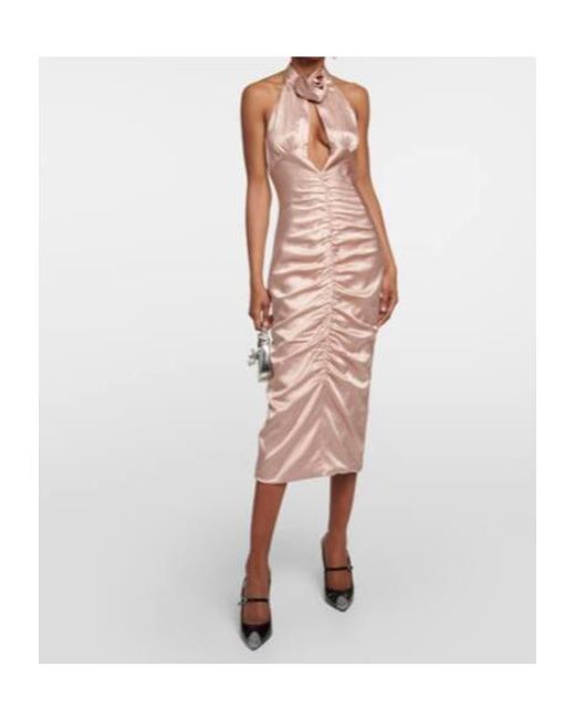 Alessandra Rich Pink Ruched Cutout Satin Midi Dress