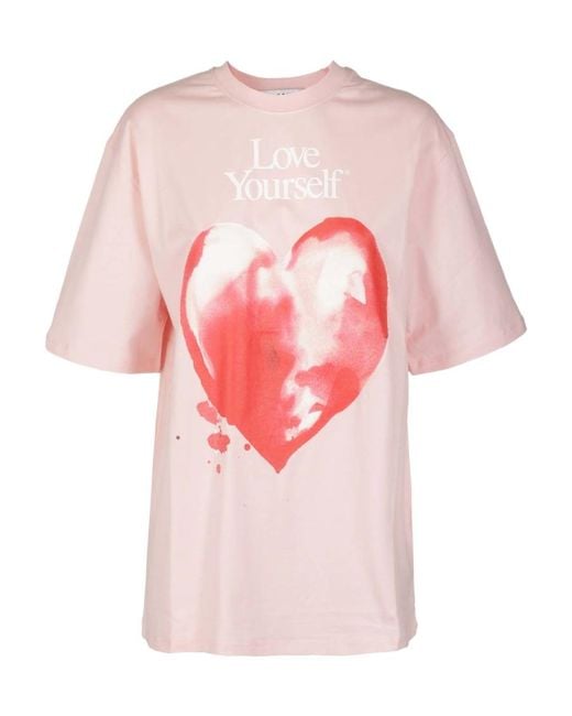 MSGM Pink Heart-Print Cotton T-Shirt