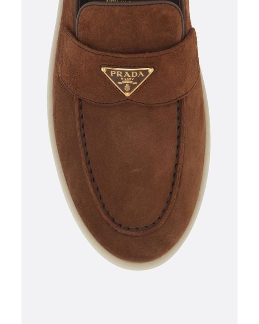 Prada Brown Logo Plaque Slip-On Loafers