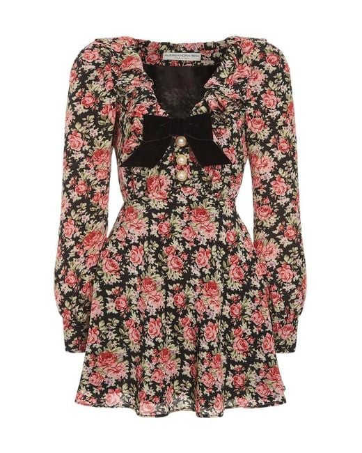 Alessandra Rich Multicolor Floral Print Bow-Embellished Minidress