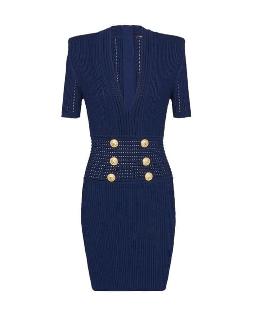 Balmain Blue Logo Button Embellished Knitted Dress