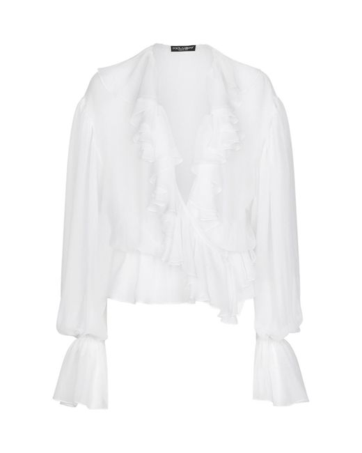 Dolce & Gabbana White Ruffle Detailed Chiffon Blouse