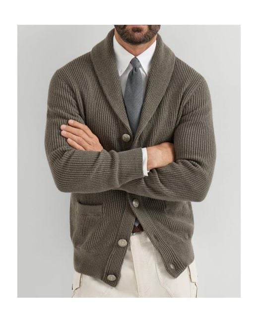 Brunello Cucinelli Green Malfilé-Cotton English-Rib Cardigan for men