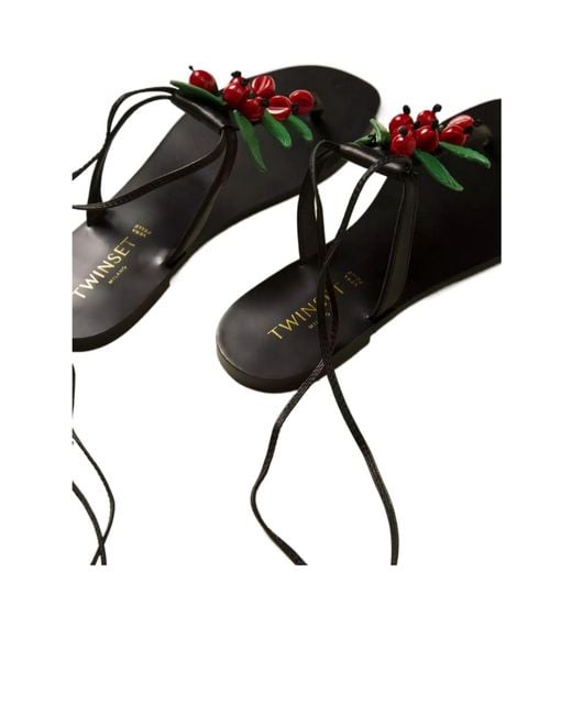 Twinset Multicolor Beaded Ankle-Tie Flat Sandals