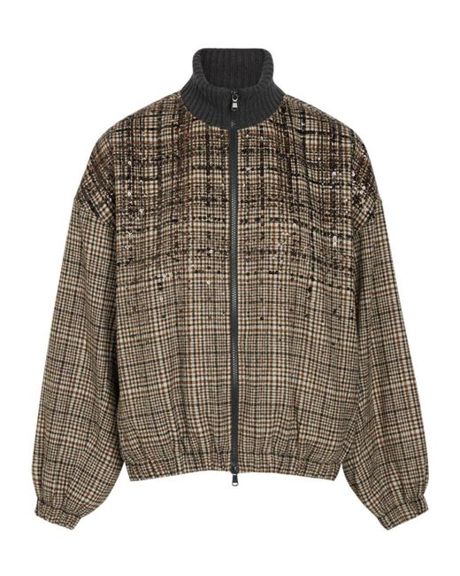 Brunello Cucinelli Brown Padded Houndstooth Alpaca-Blend Bomber Jacket