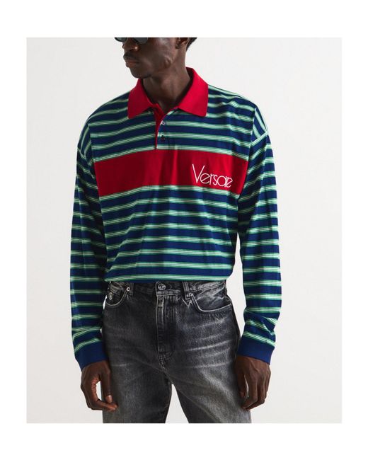 Versace Blue Striped Long-Sleeve Polo Shirt for men