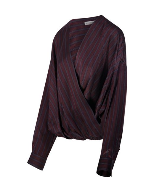 Dries Van Noten Blue Striped V-Neck Wrap Shirt